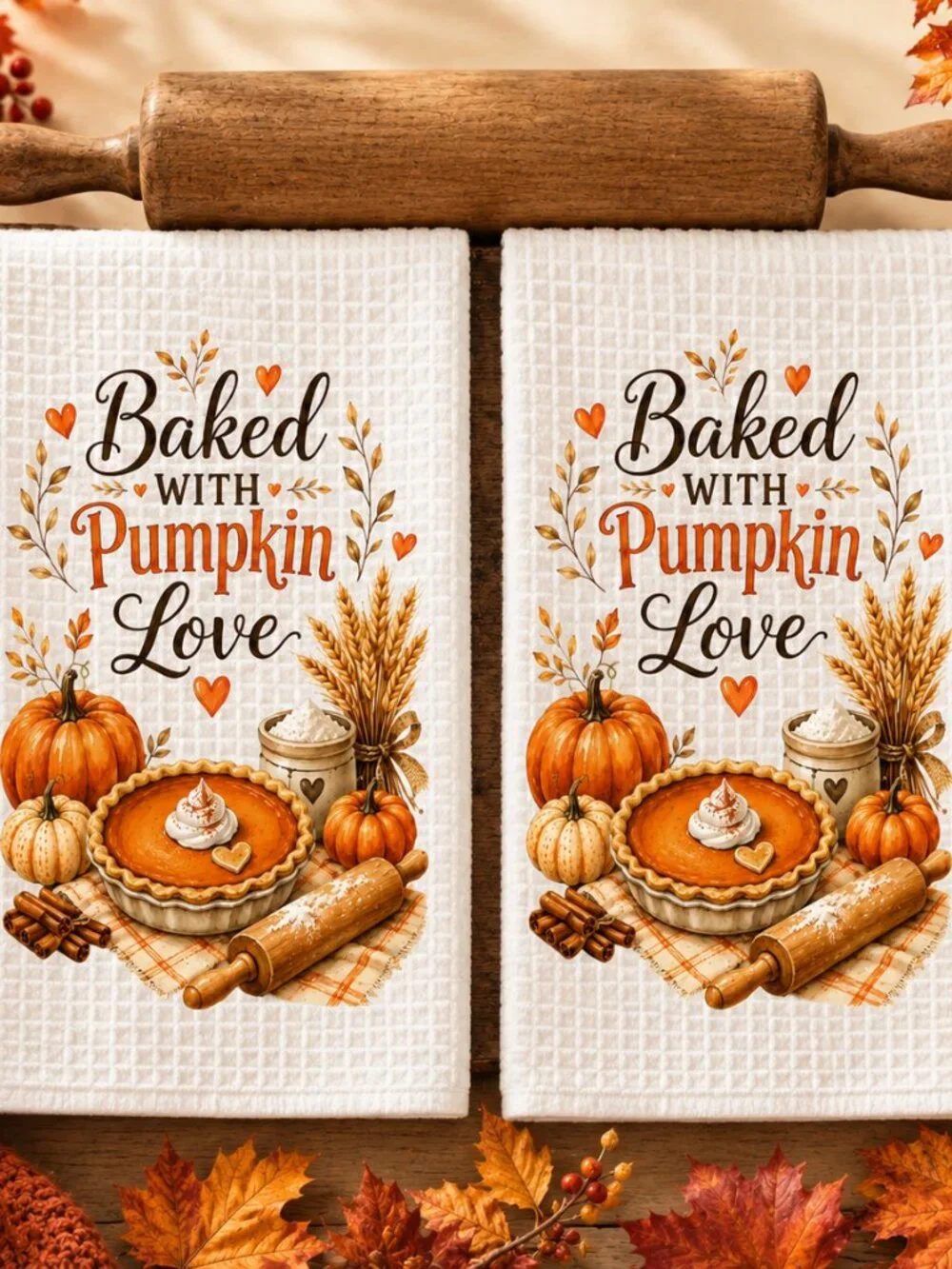 Baked With Pumpkin Love Kitchen Towel Set, Fall Baking Towel, Housewarming Gift
